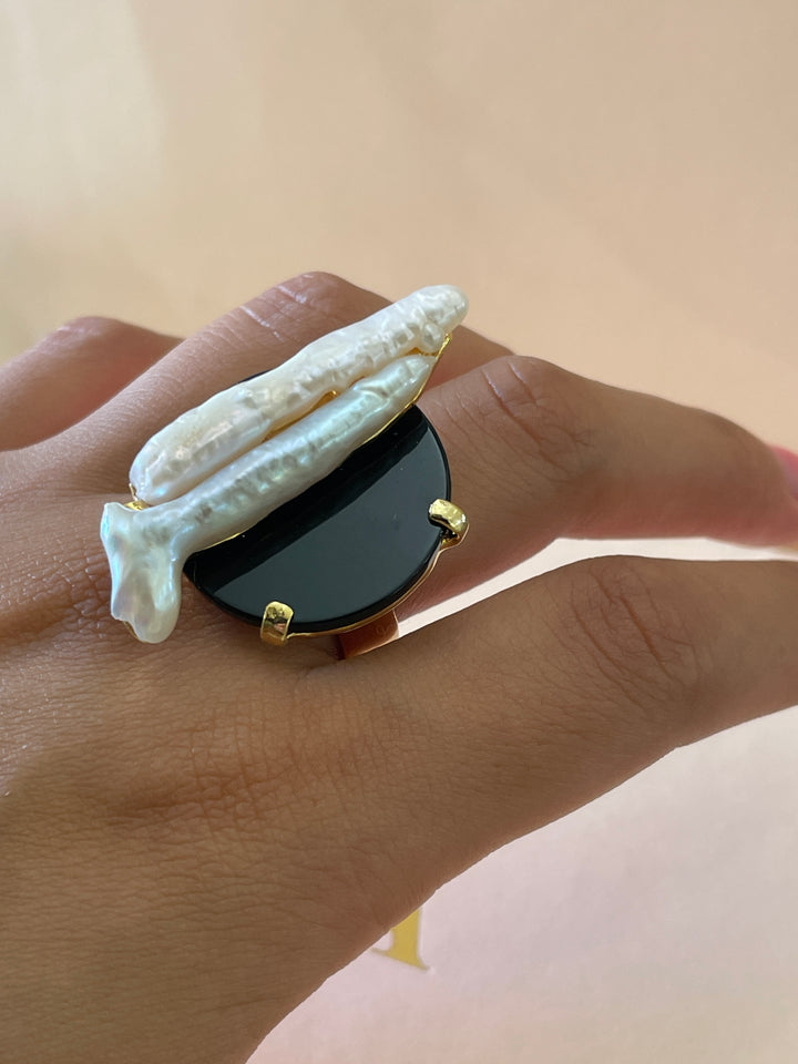 Black resin with fresh water pearl sterling silver gold plated ring