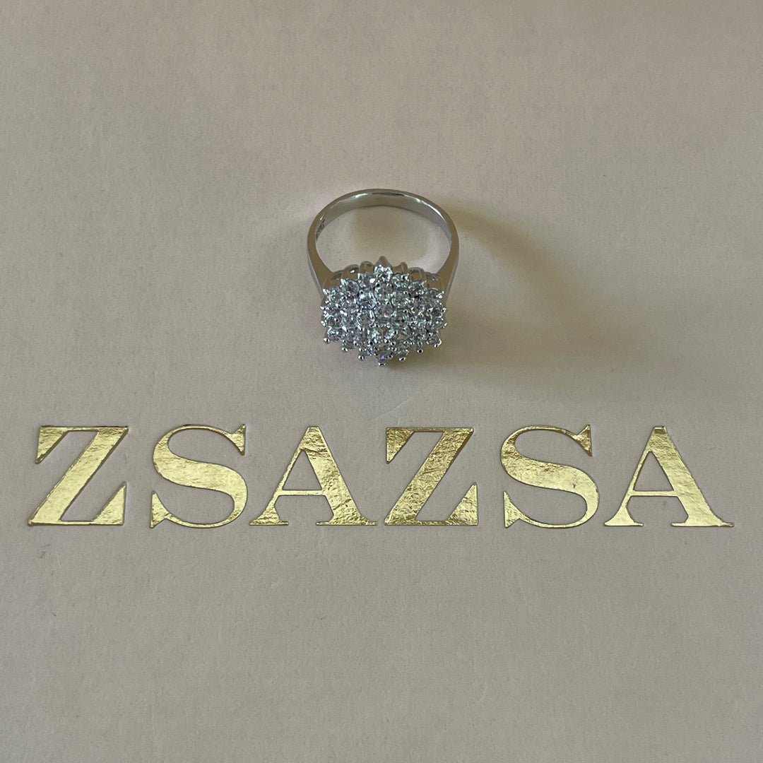 Zircone Statement flower ring in white gold plating