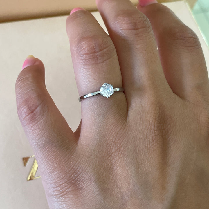 Zircone classic dainty solitaire ring in white gold plating