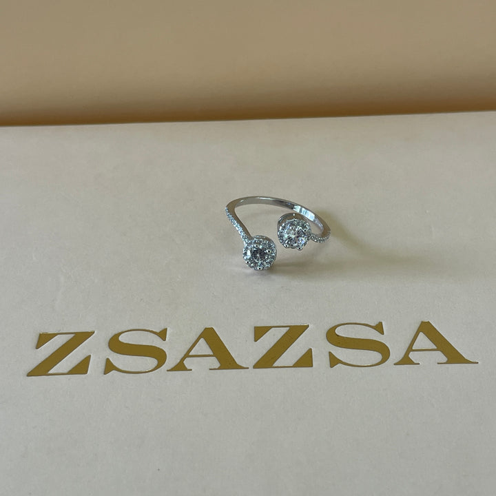 Sterling Silver two stone twisted ring in white gold plating
