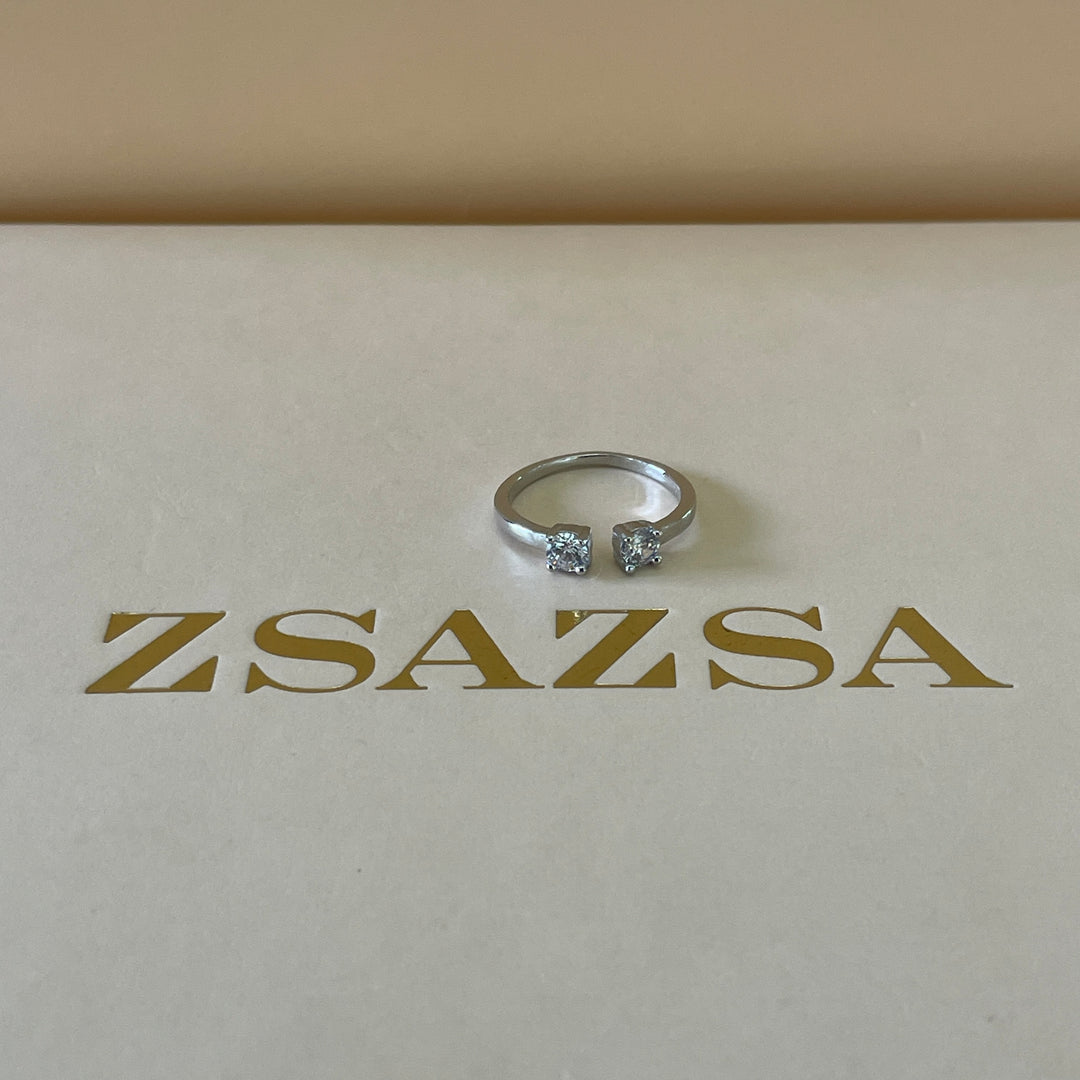 Sterling Silver two stone dainty square ring in white gold plating