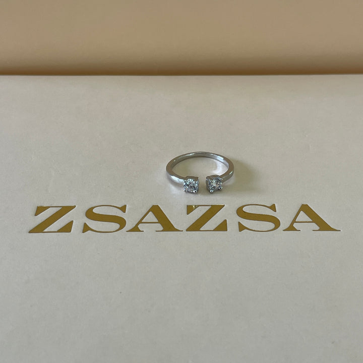 Sterling Silver two stone dainty square ring in white gold plating