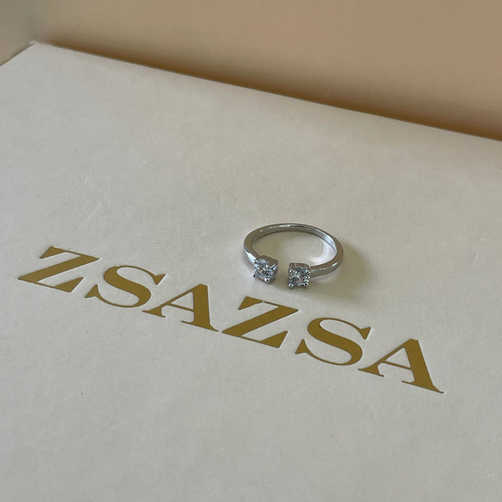 Sterling Silver two stone dainty square ring in white gold plating