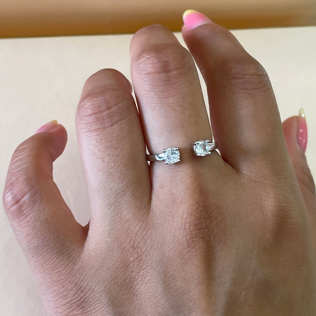 Sterling Silver two stone dainty square ring in white gold plating