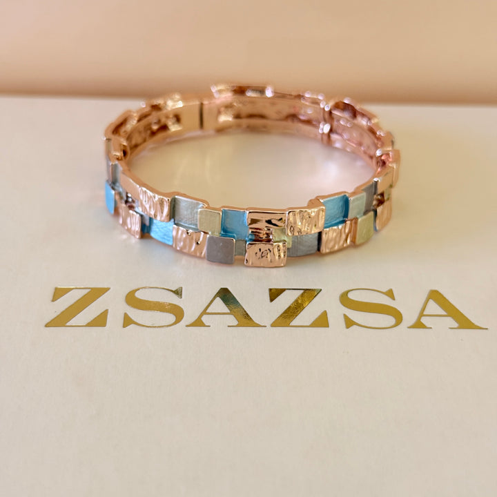 Enamel square light blue and gold earrings and bangle