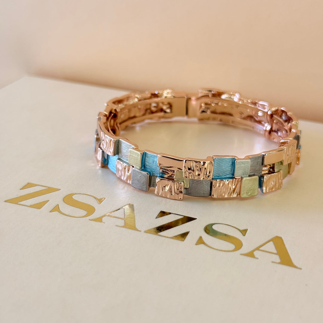 Enamel square light blue and gold earrings and bangle