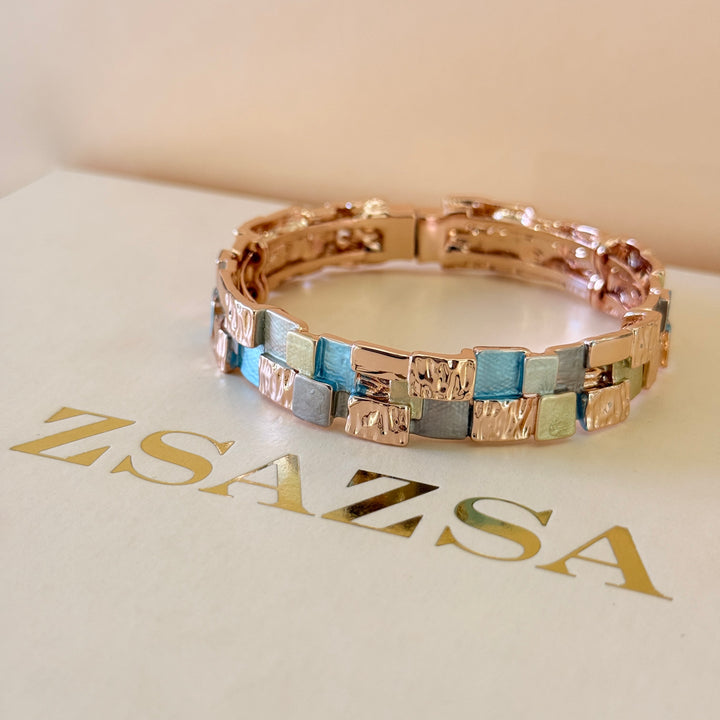 Enamel square light blue and gold earrings and bangle