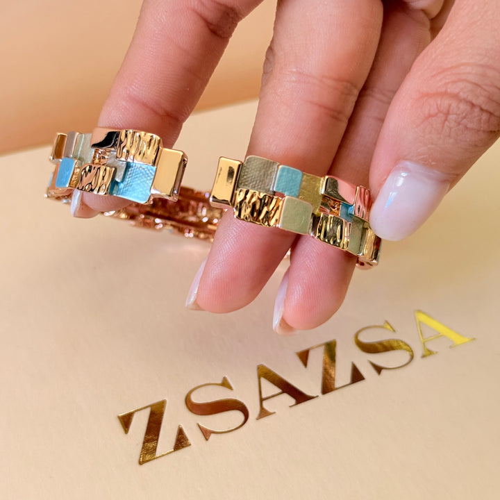 Enamel square light blue and gold earrings and bangle