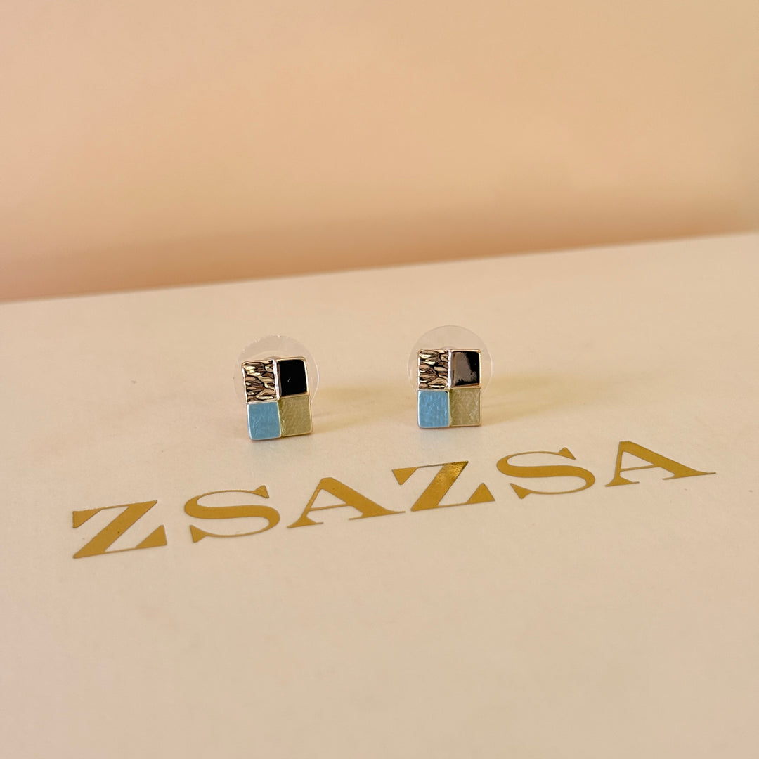 Enamel square light blue and gold earrings and bangle