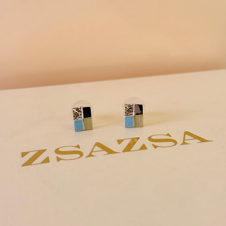 Enamel square light blue and gold earrings and bangle