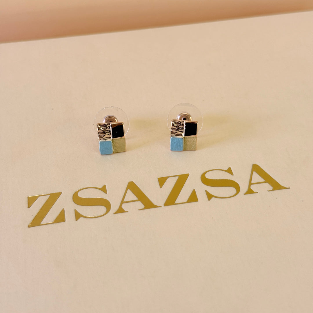 Enamel square light blue and gold earrings and bangle