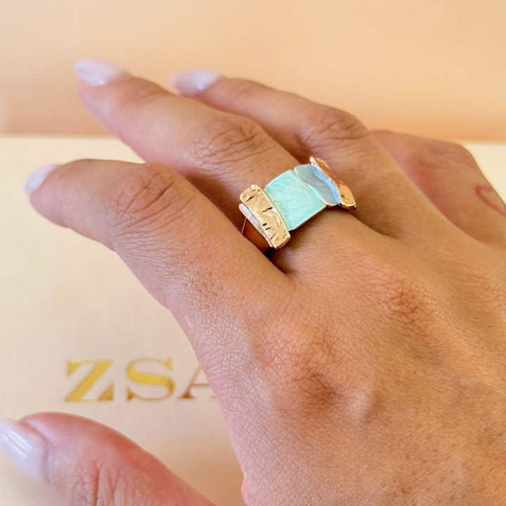 Enamel rectangular light blue, turquoise and peach rose gold plated set