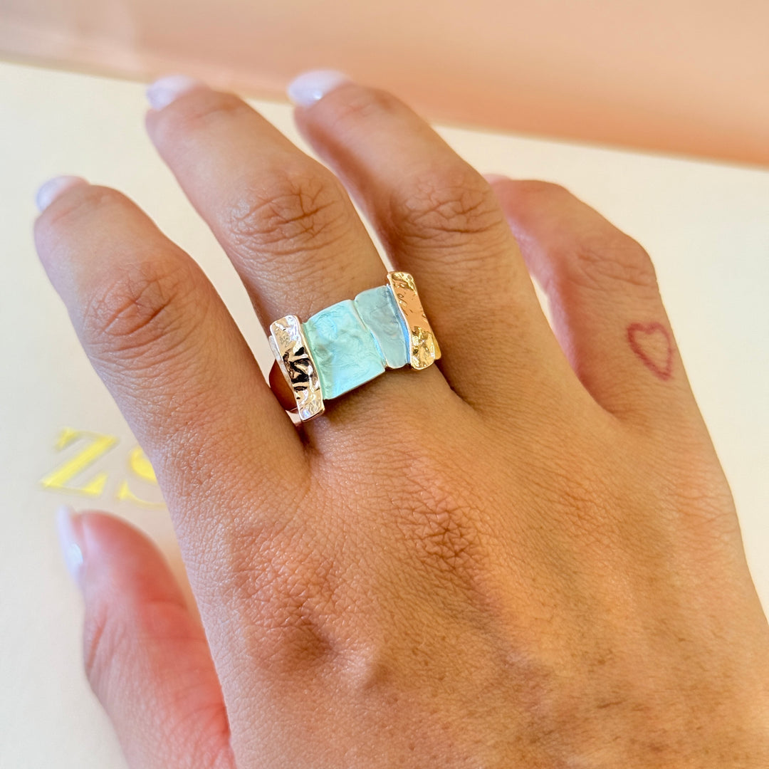 Enamel rectangular light blue, turquoise and peach rose gold plated set