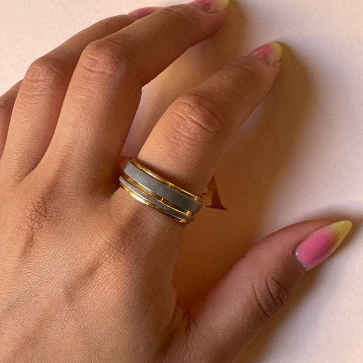 Two tone silver and gold wedding ring in white gold plating