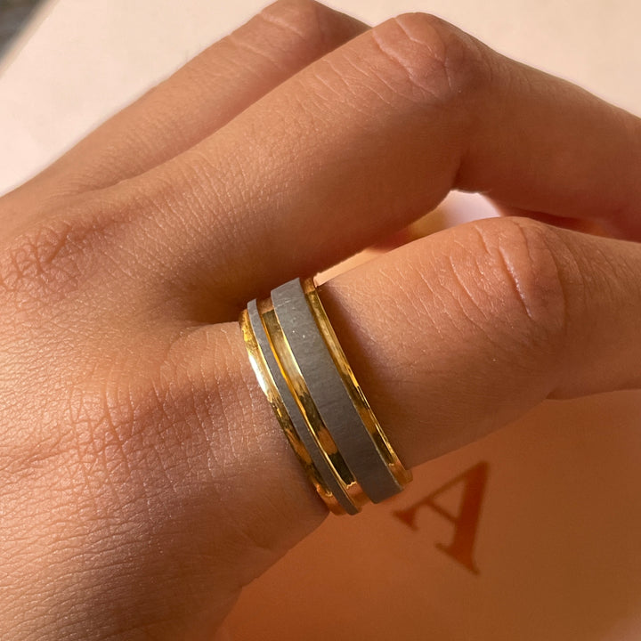 Two tone silver and gold wedding ring in white gold plating