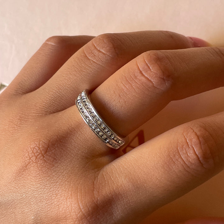 Silver two row with small stones wedding ring in white gold plating