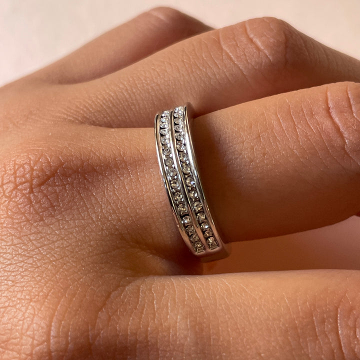 Silver two row with small stones wedding ring in white gold plating