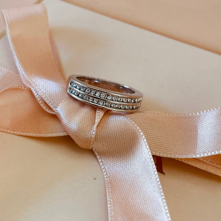Silver two row with small stones wedding ring in white gold plating