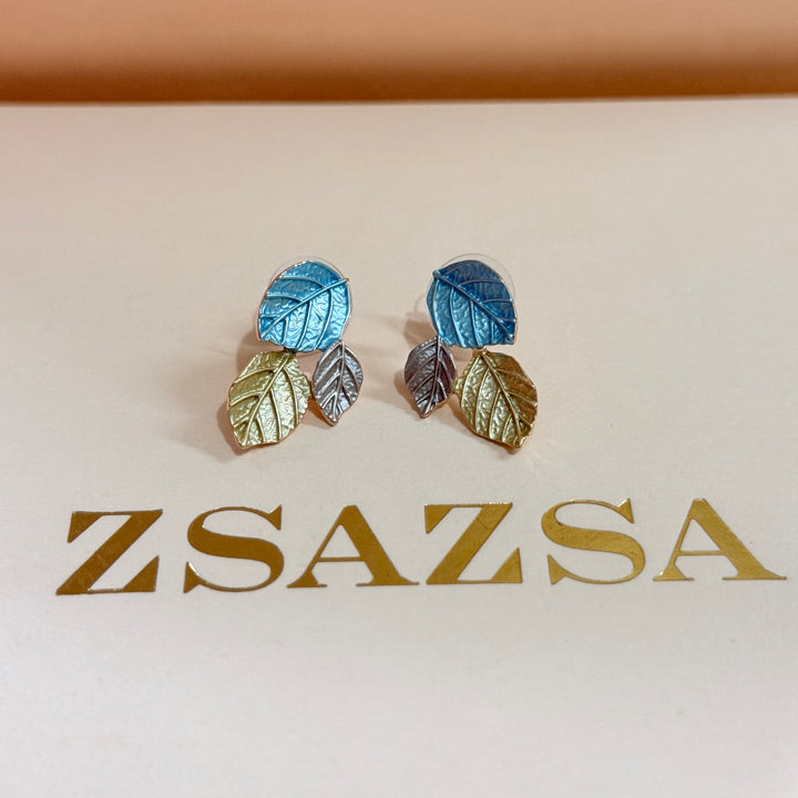 Enamel turquoise and gold leafs studs earrings