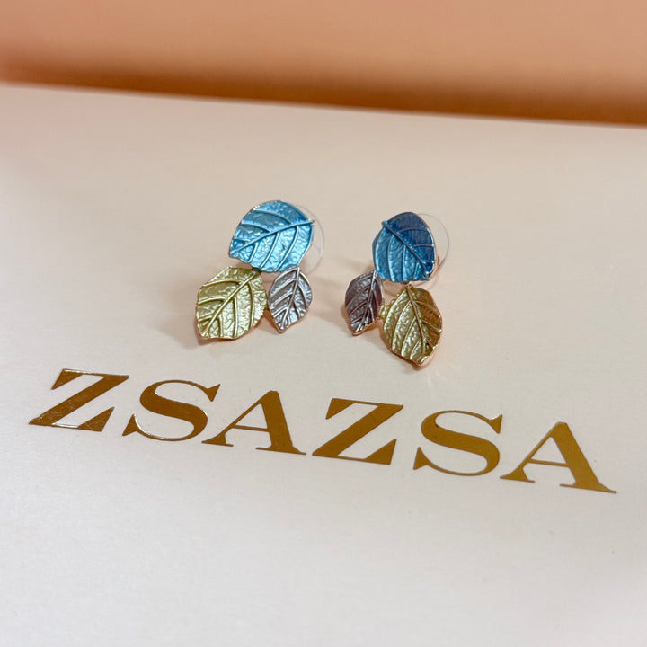 Enamel turquoise and gold leafs studs earrings