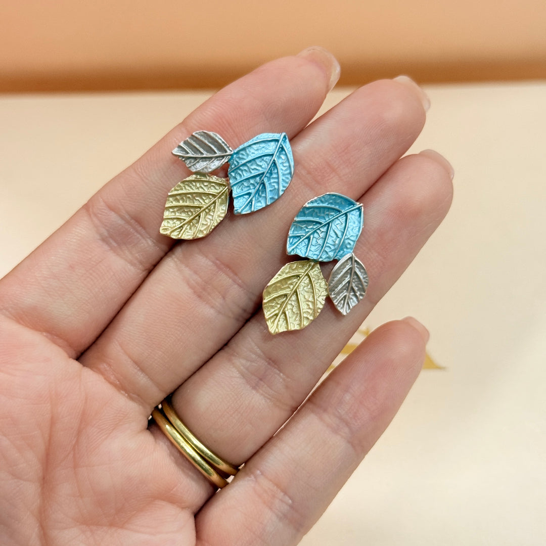 Enamel turquoise and gold leafs studs earrings