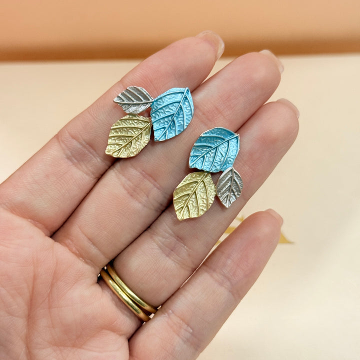 Enamel turquoise and gold leafs studs earrings