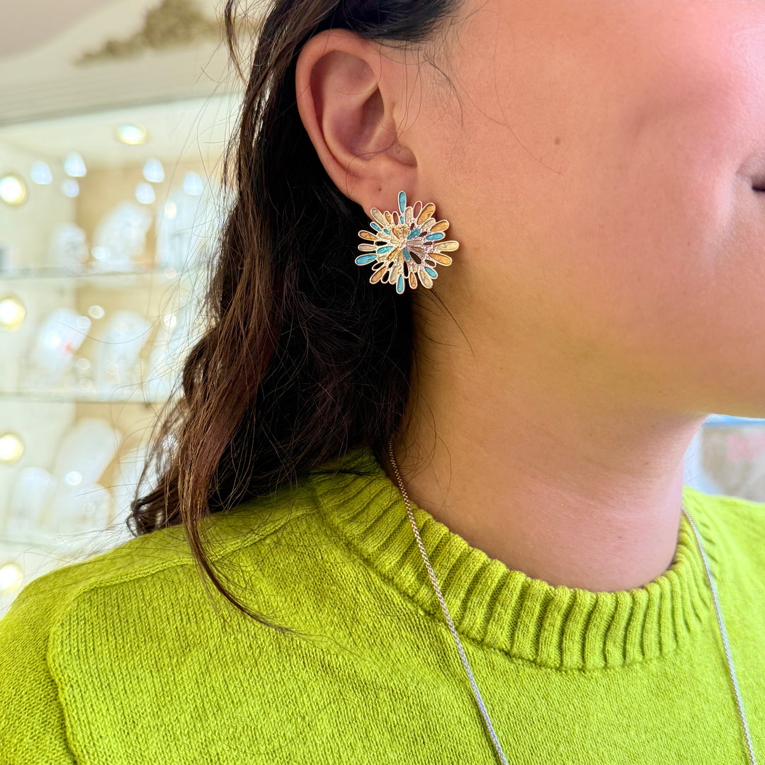 Enamel gold and turquoise rose gold plated earrings and ring