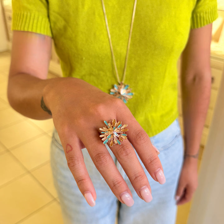 Enamel gold and turquoise rose gold plated earrings and ring