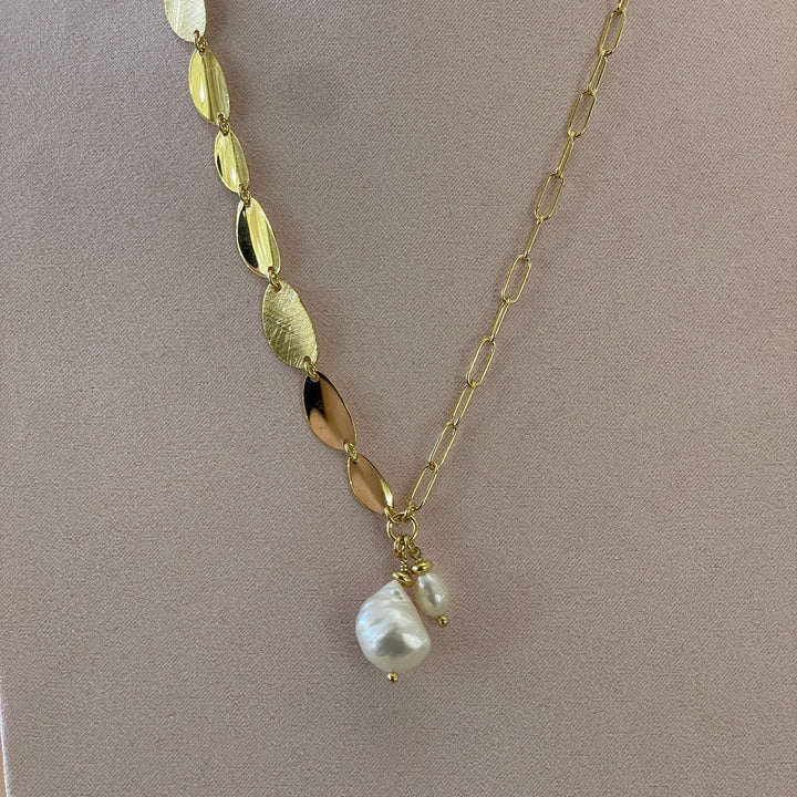 Sterling Silver Dainty Pearl with leaf shape necklace chain in gold