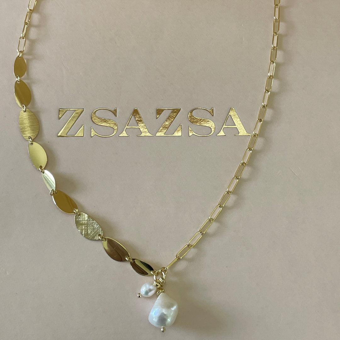 Sterling Silver Dainty Pearl with leaf shape necklace chain in gold