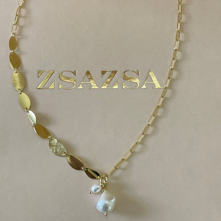 Sterling Silver Dainty Pearl with leaf shape necklace chain in gold