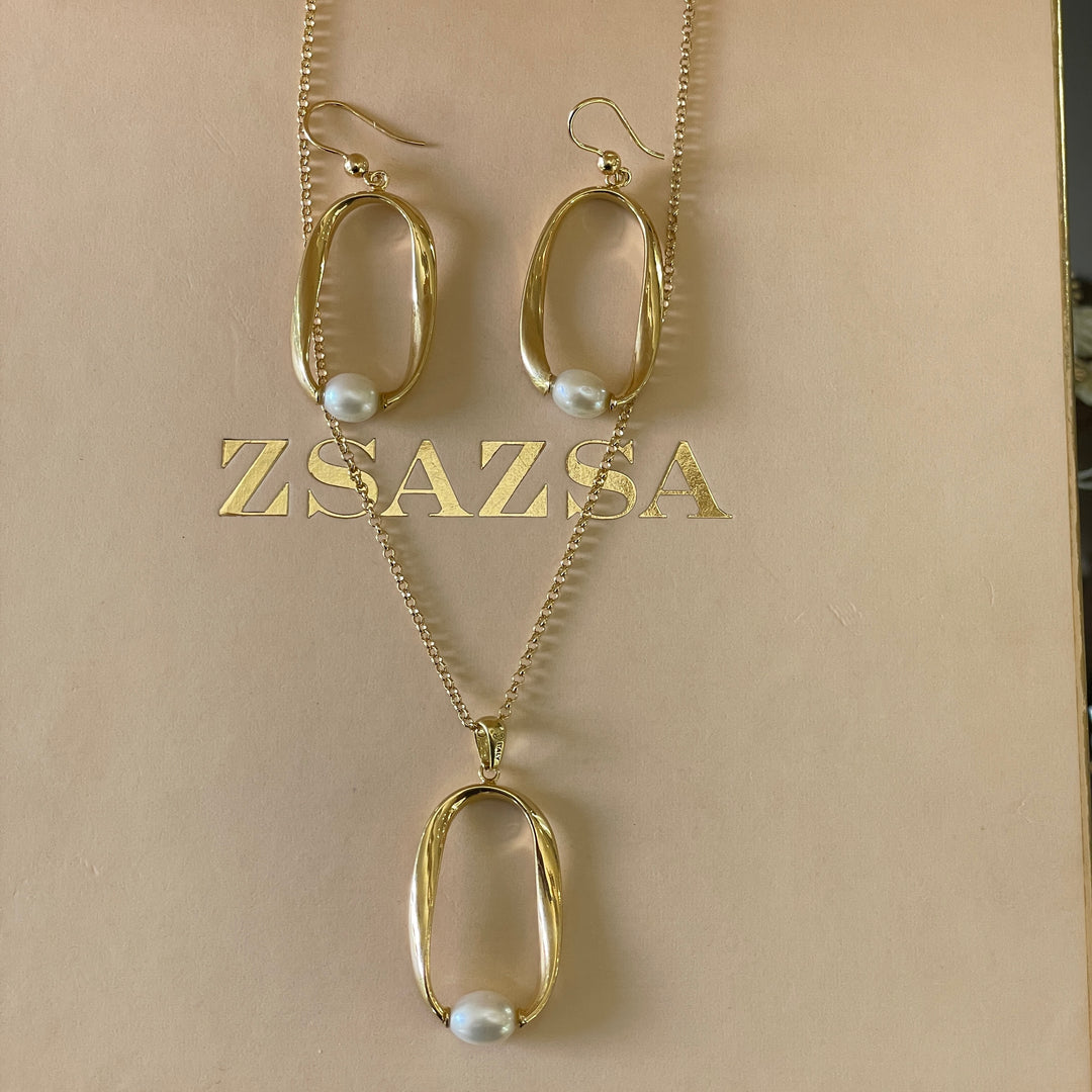 Sterling Silver oval with pearls earrings and necklace in gold