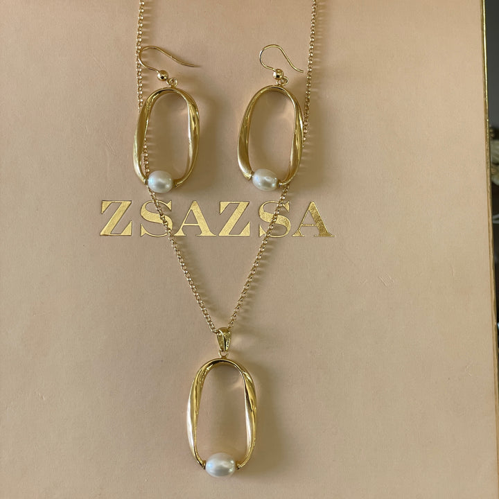 Sterling Silver oval with pearls earrings and necklace in gold