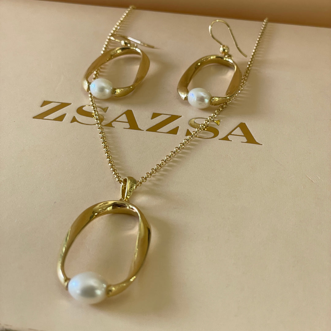 Sterling Silver oval with pearls earrings and necklace in gold