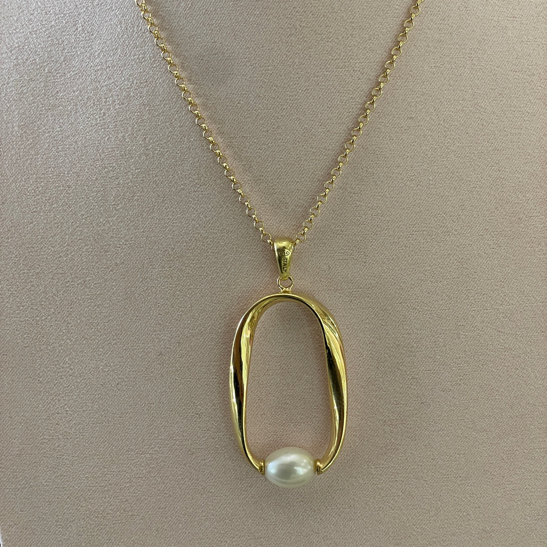 Sterling Silver oval with pearls earrings and necklace in gold