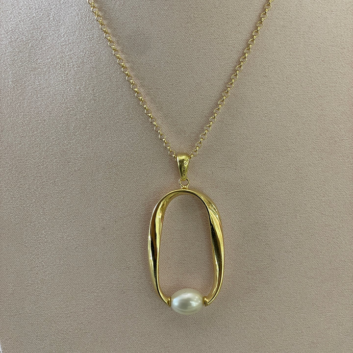 Sterling Silver oval with pearls earrings and necklace in gold