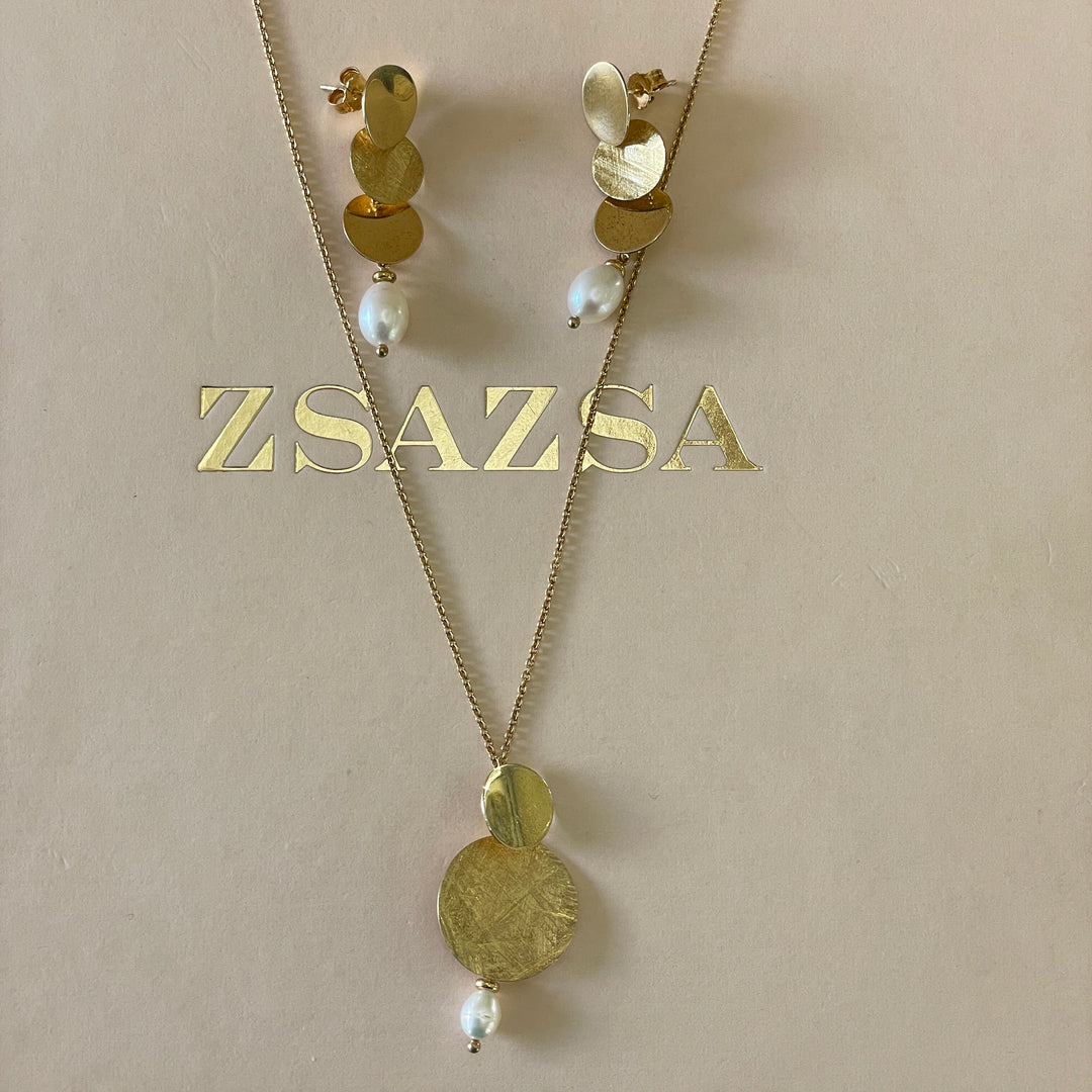 Sterling Silver three circles with a pearl earrings and necklace in gold