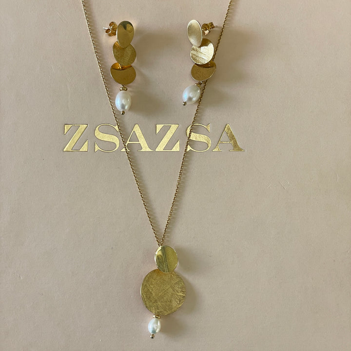 Sterling Silver three circles with a pearl earrings and necklace in gold