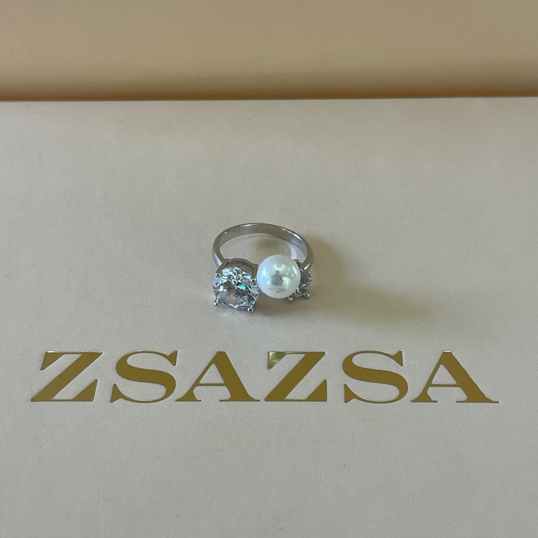 Silver 2 stone with a hooked pearl in white gold plating