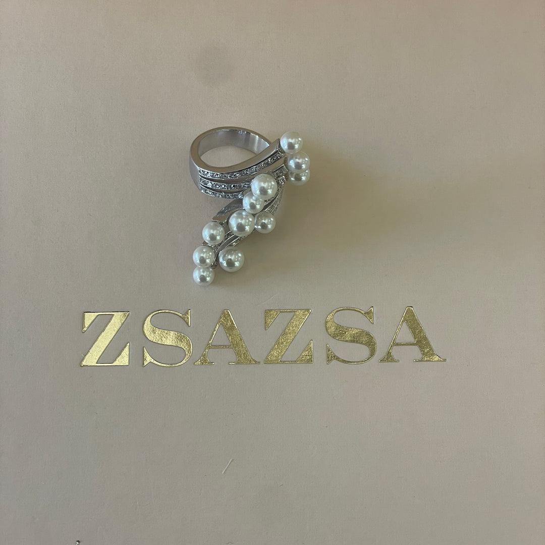 Silver pearl ribbon design ring white gold plating