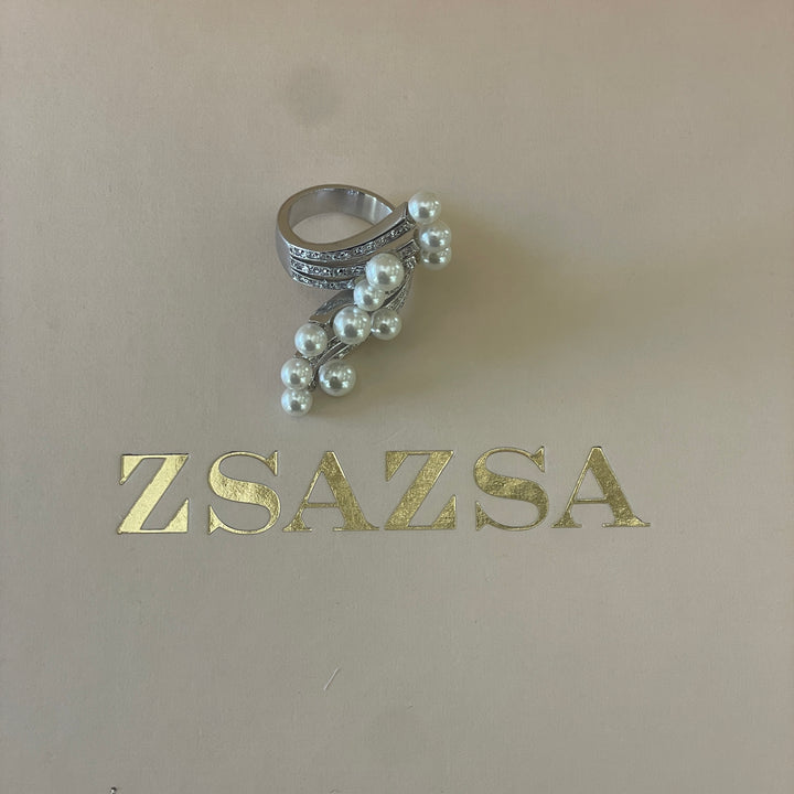 Silver pearl ribbon design ring white gold plating