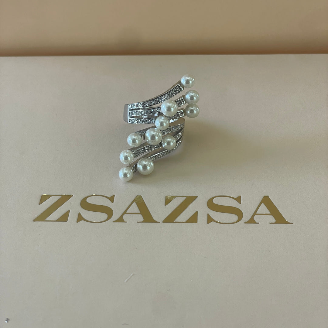 Silver pearl ribbon design ring white gold plating
