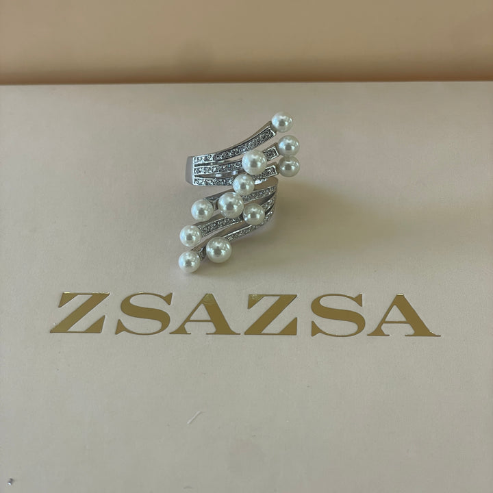 Silver pearl ribbon design ring white gold plating