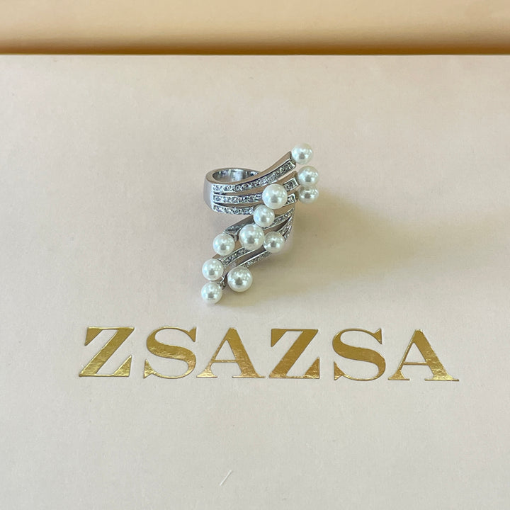 Silver pearl ribbon design ring white gold plating