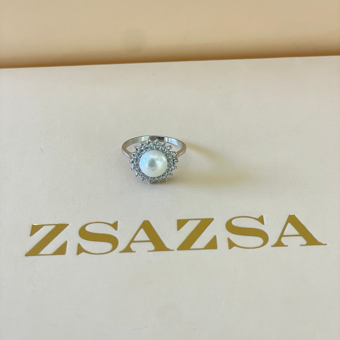 Sterling silver dainty flower with pearl inside ring