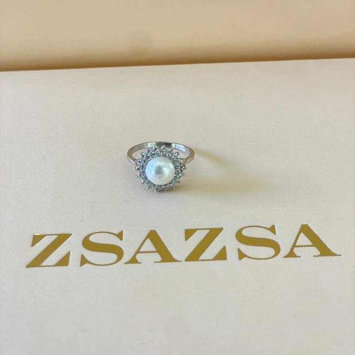 Sterling silver dainty flower with pearl inside ring