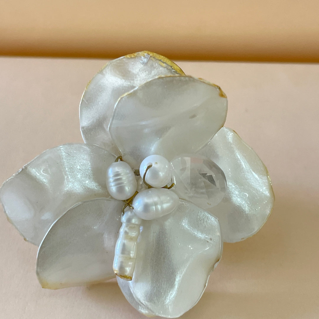Pearl flower statement handmade ring in gold plating
