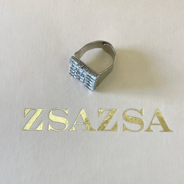 Zircone sqaure ring with dainty stones in white gold plating