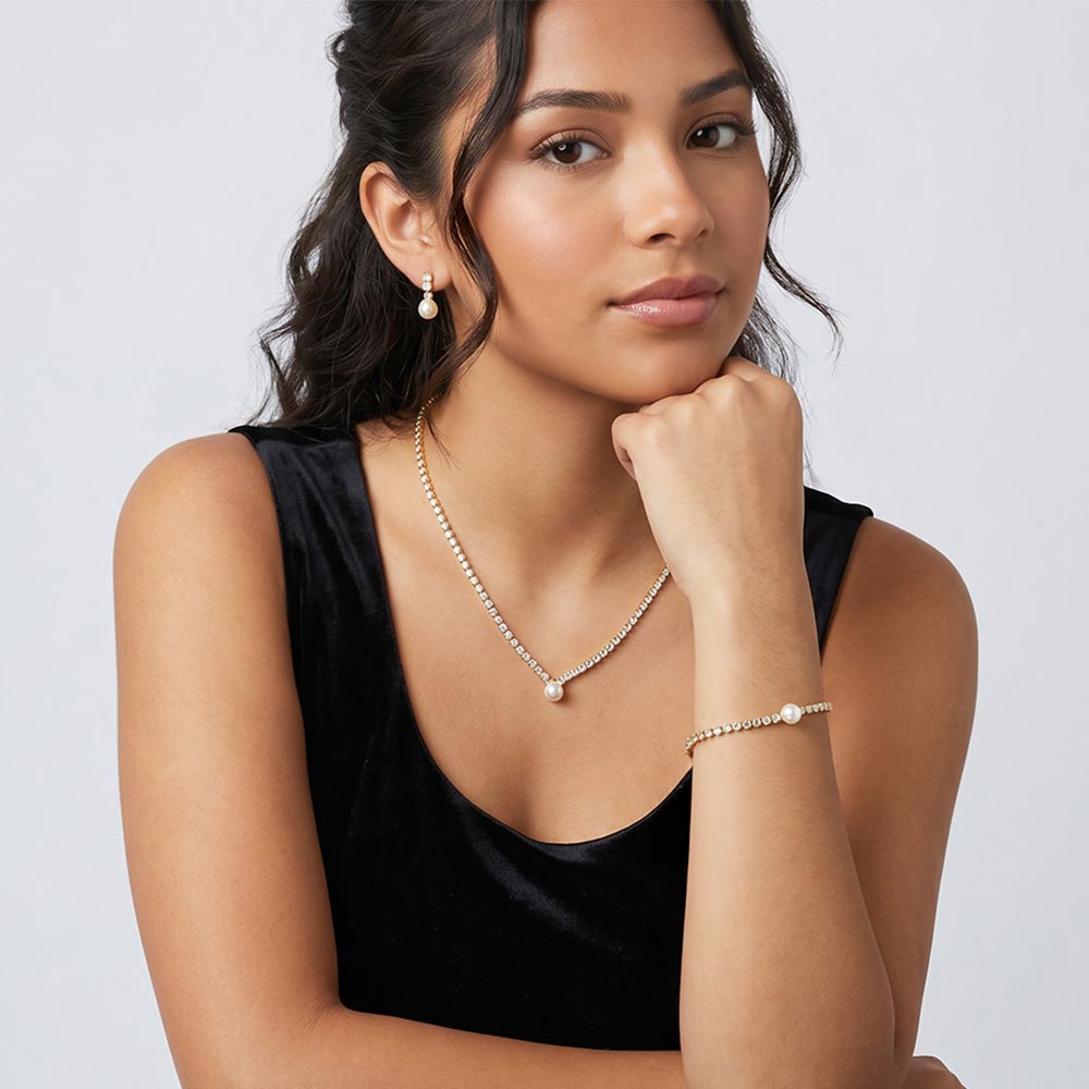 Pearl Accented Rhinestone Necklace Jewelry Set