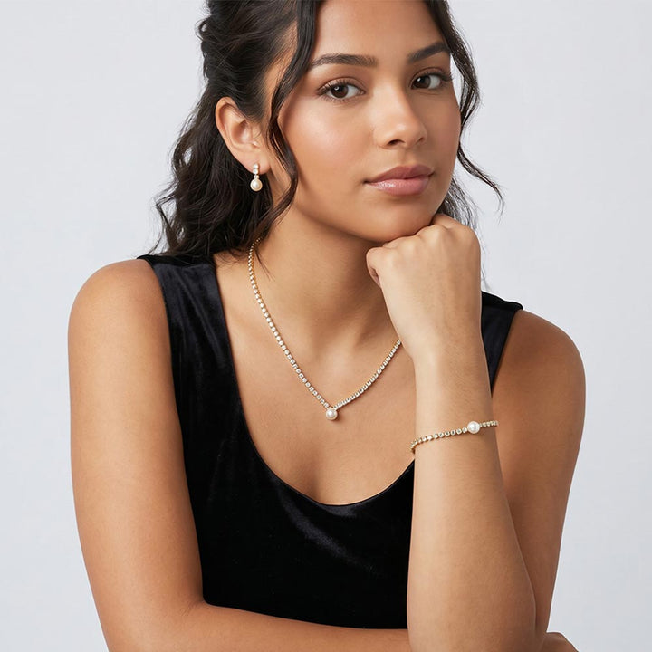 Pearl Accented Rhinestone Necklace Jewelry Set